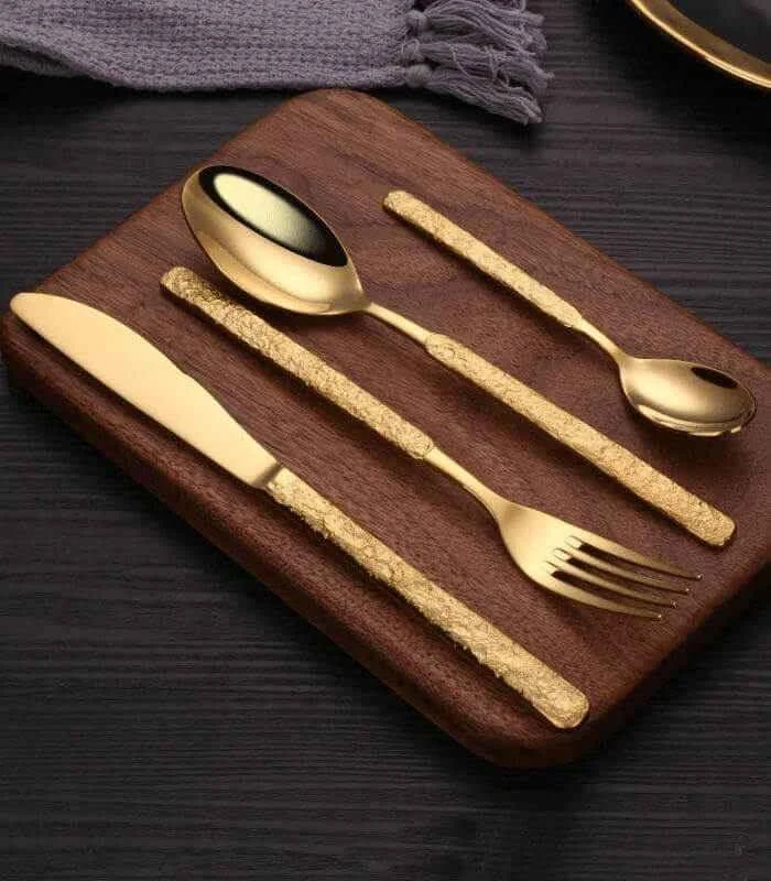 24 pc Cutlery Set Premium Stainless Steel Hummered Handle Gold -  - #tag1#