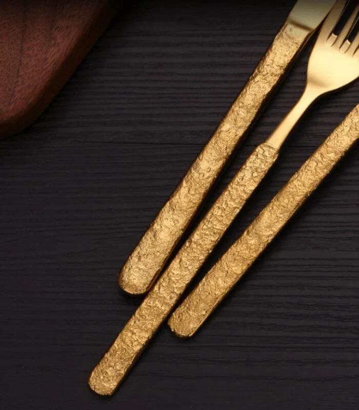 24 pc Cutlery Set Premium Stainless Steel Hummered Handle Gold -  - #tag1#