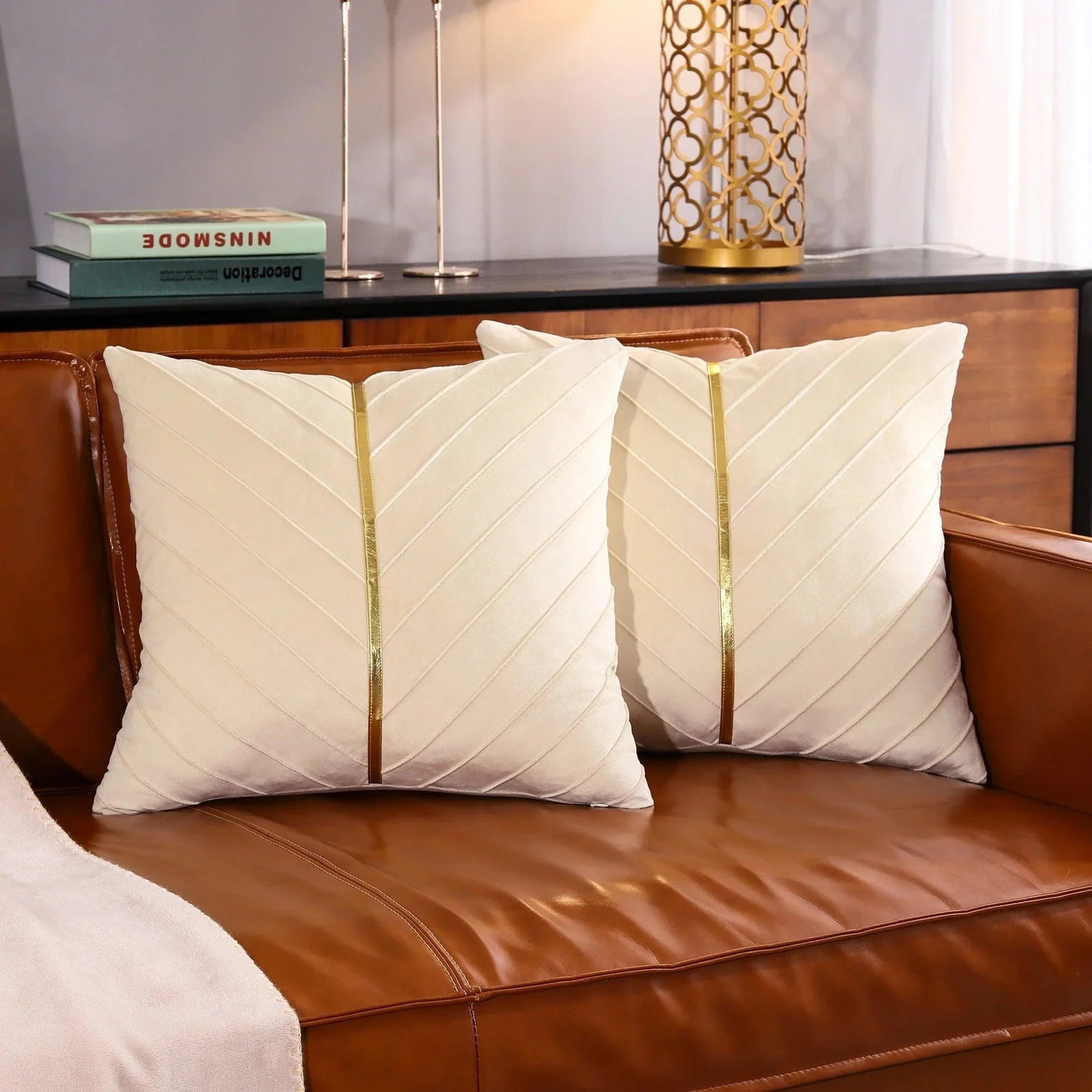 2Pcs Velvet Throw Pillow Covers 18x18 Pack of 2 with Gold Leather Decorative -  - #tag1#