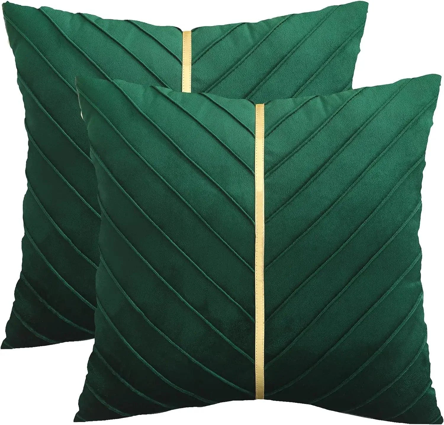 2Pcs Velvet Throw Pillow Covers 18x18 Pack of 2 with Gold Leather Decorative -  - #tag1#
