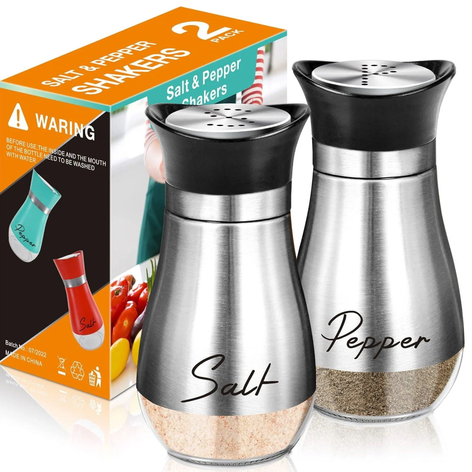 2Set, Salt And Pepper Shakers Set, 4 Oz Glass Bottom Salt And Pepper Jars With Stainless Steel Lid For Kitchen Cooking Table -  - #tag1#