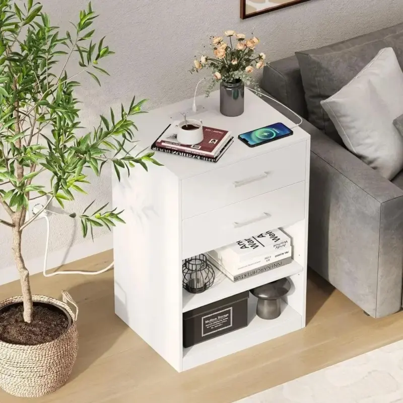 2 Drawer Modern Nighstand With Built In Charging Station tag1