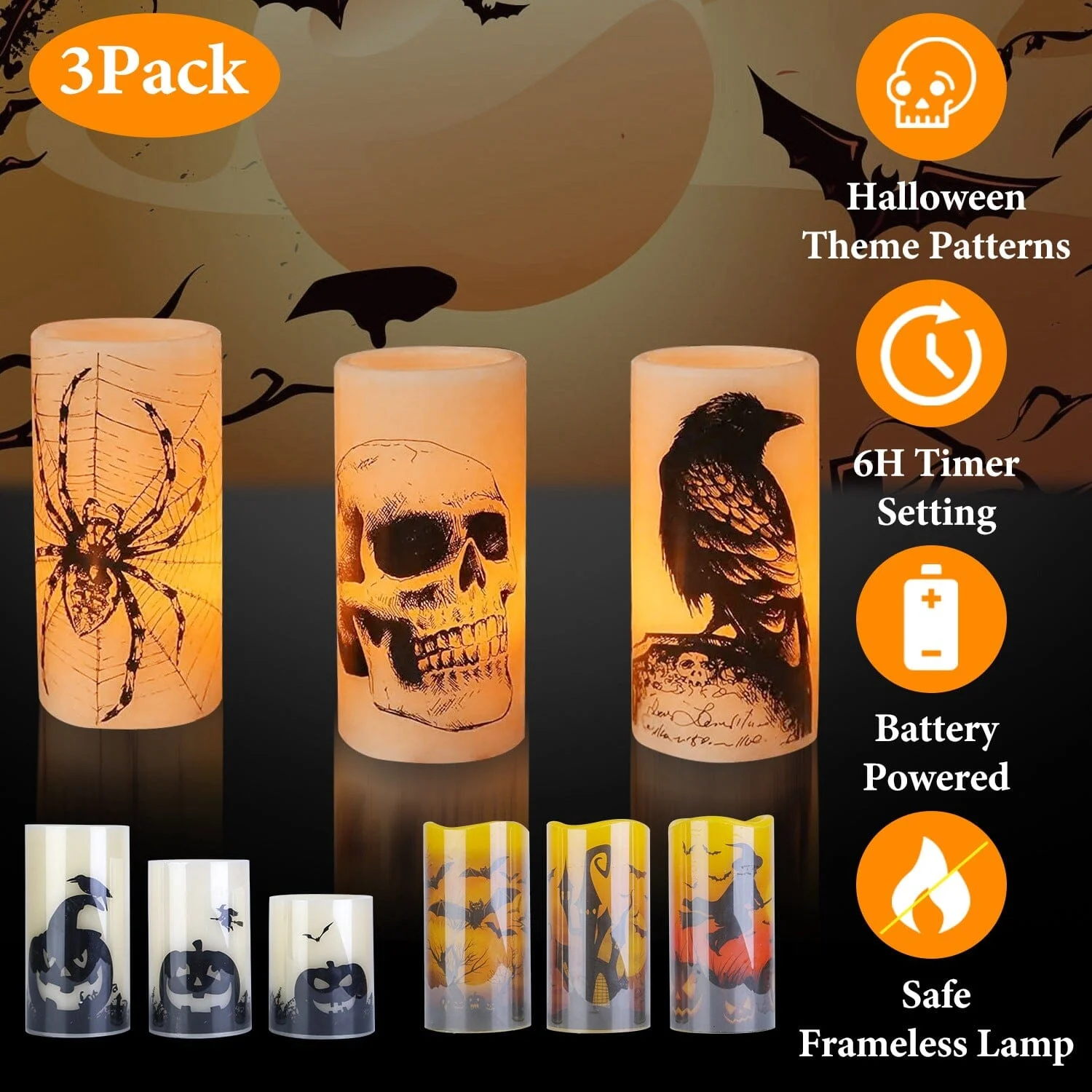 3-Pack: Halloween Battery Operated Flameless Candle Lamp with Timer Setting -  - #tag1#