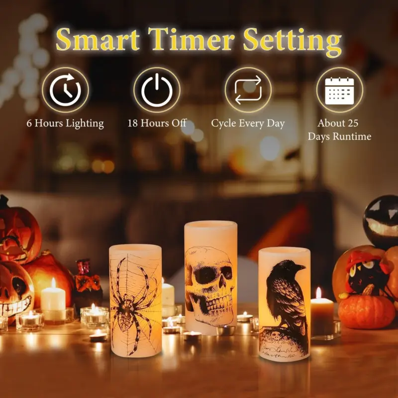 3 Pack Halloween Battery Operated Flameless Candle Lamp with Timer Setting tag1