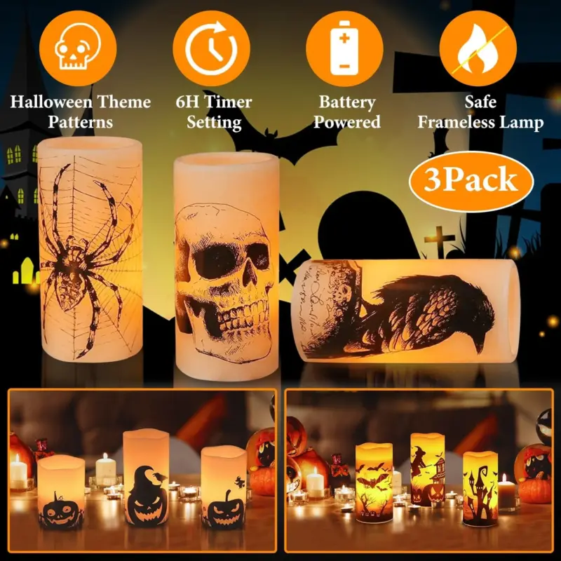 3 Pack Halloween Battery Operated Flameless Candle Lamp with Timer Setting tag1