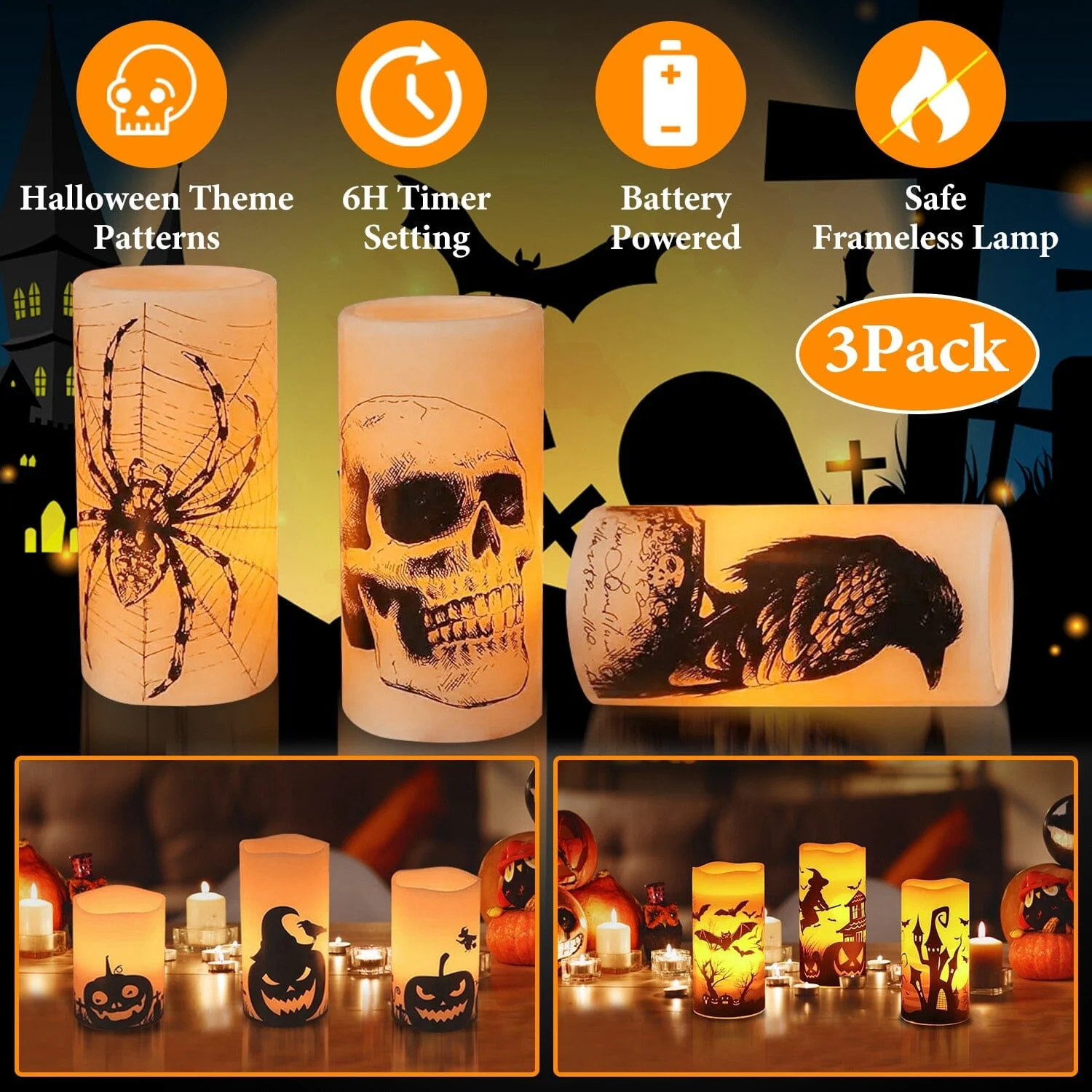 3-Pack: Halloween Battery Operated Flameless Candle Lamp with Timer Setting -  - #tag1#
