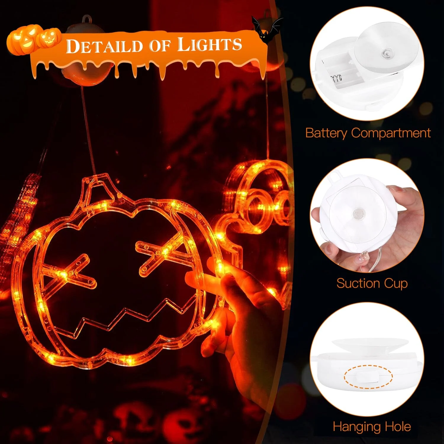 3-Pack: Halloween Window Light with Suction Cup Hanging Holes -  - #tag1#