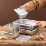 304 Stainless Steel Square Plate with Lid Food Storage Container for Kitchen tag1