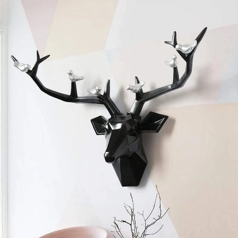 3D Deer Head & Bird Statue - Nature-Inspired Wall Decor -