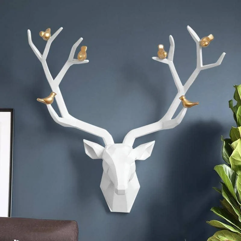 3D Deer Head & Bird Statue - Nature-Inspired Wall Decor -