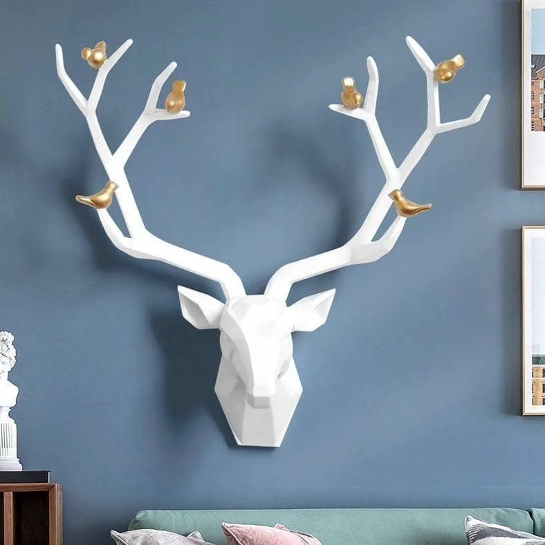 3D Deer Head & Bird Statue - Nature-Inspired Wall Decor -