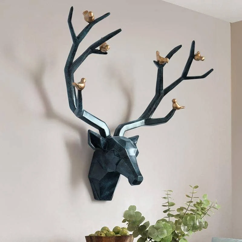 3D Deer Head & Bird Statue - Nature-Inspired Wall Decor -