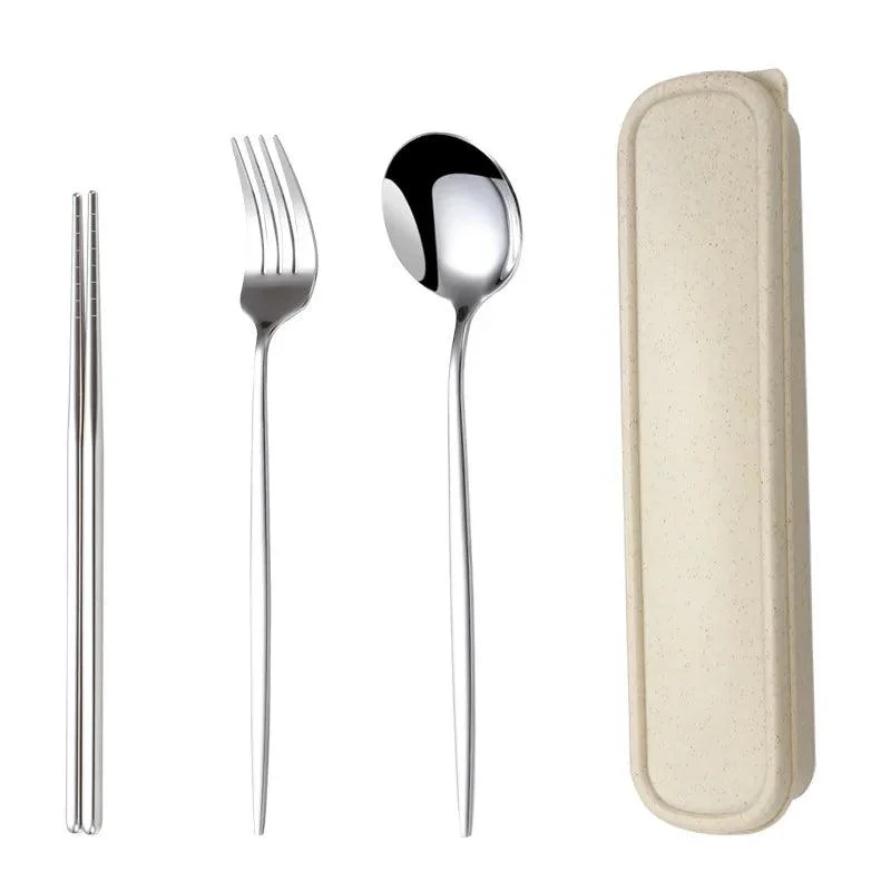 3PCS Cutlery Set with Box: Stainless Steel Spoon, Fork, Chopsticks -