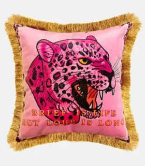 Pink Leopard Velvet Decorative Cushion Cover Fringed Edge Square 45 cm Pink & HotPink