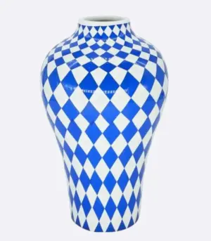 White and Blue Diamond Ceramic Vase | Modern Table Top Vase 25 cm