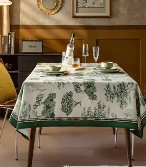 Tablecloth Jungle Print Cotton Herringbone Green and White