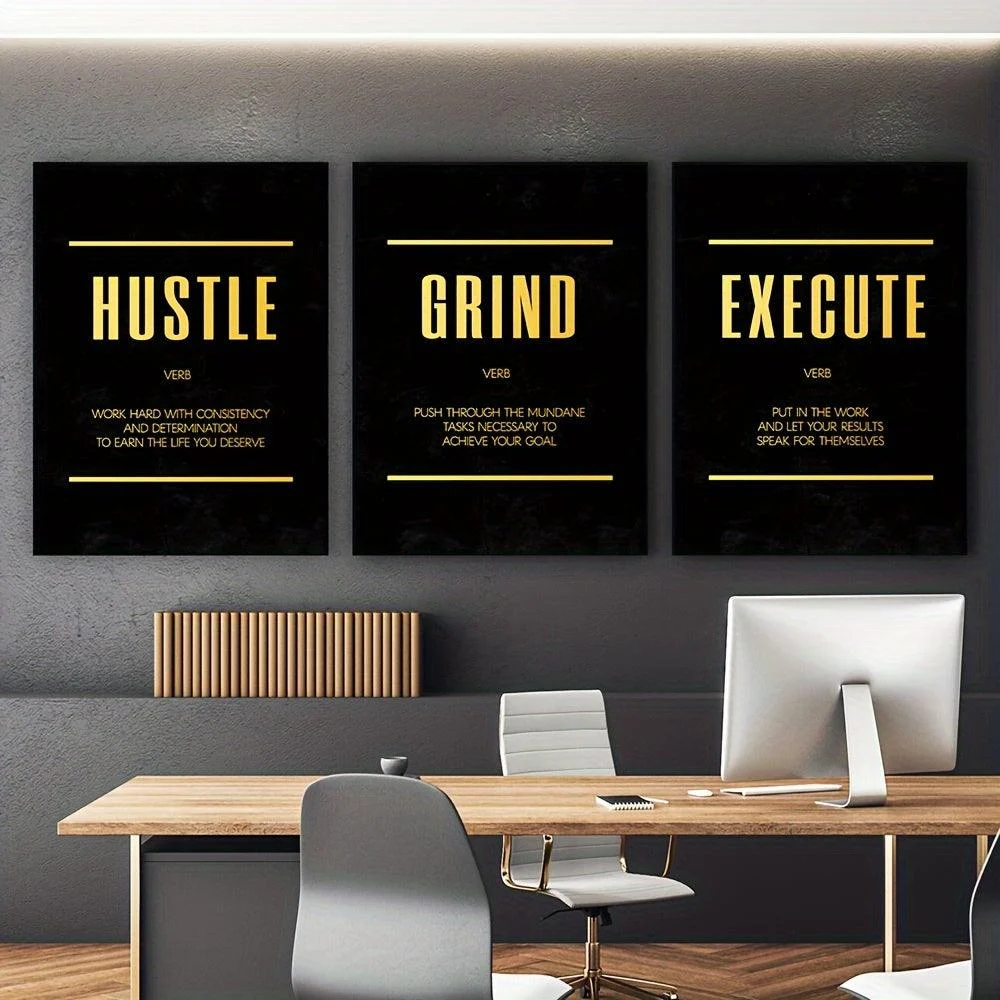 3pcs 15.7*23.6in/40cm*60cm Modern Abstract Hustle Grind Execute Wall Art -  - #tag1#