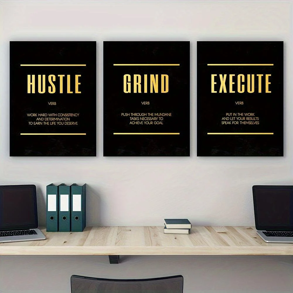 3pcs 15.7*23.6in/40cm*60cm Modern Abstract Hustle Grind Execute Wall Art -  - #tag1#