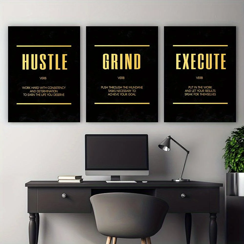 3pcs 15.7*23.6in/40cm*60cm Modern Abstract Hustle Grind Execute Wall Art -  - #tag1#