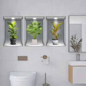 3pcs 3D Wall Sticker, Realistic Green Plants Pattern Self-Adhesive Wall Stickers