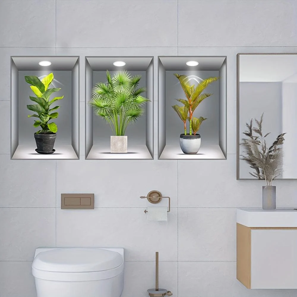 3pcs 3D Wall Sticker, Realistic Green Plants Pattern Self-Adhesive Wall Stickers -  - #tag1#