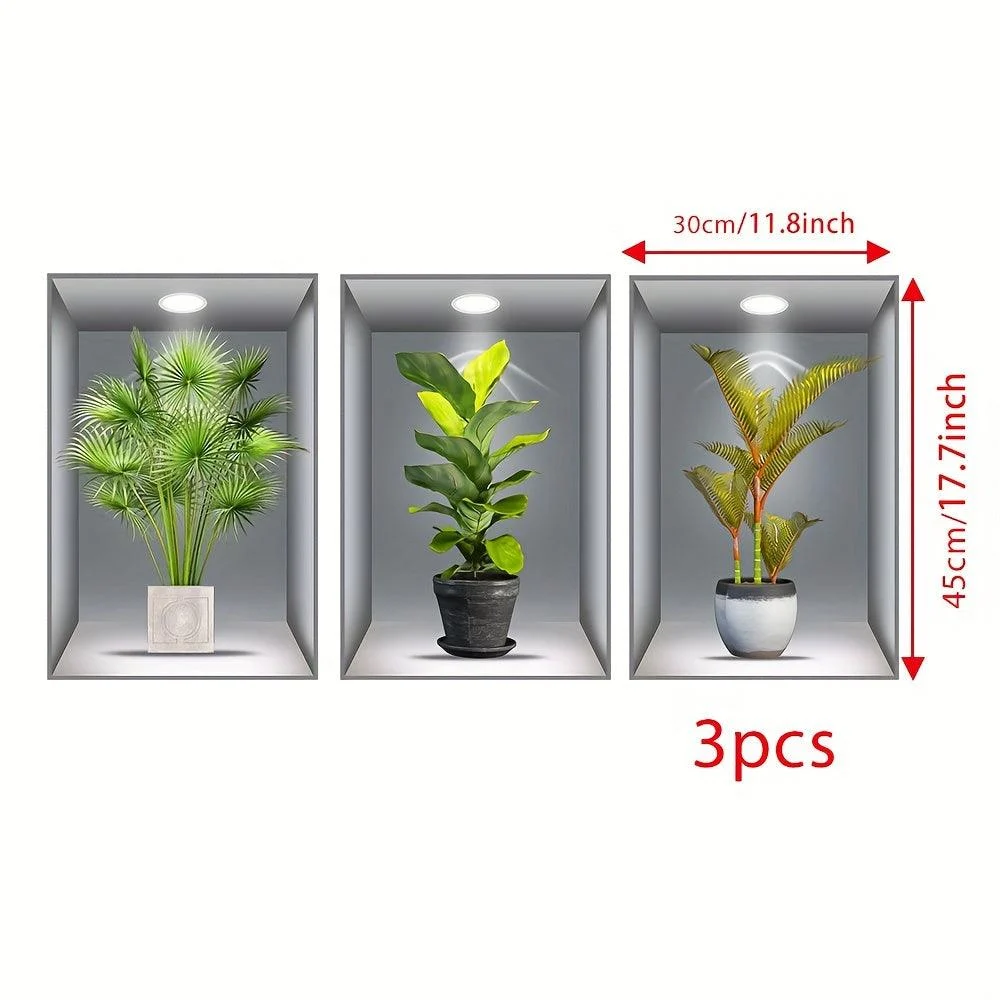 3pcs 3D Wall Sticker, Realistic Green Plants Pattern Self-Adhesive Wall Stickers -  - #tag1#