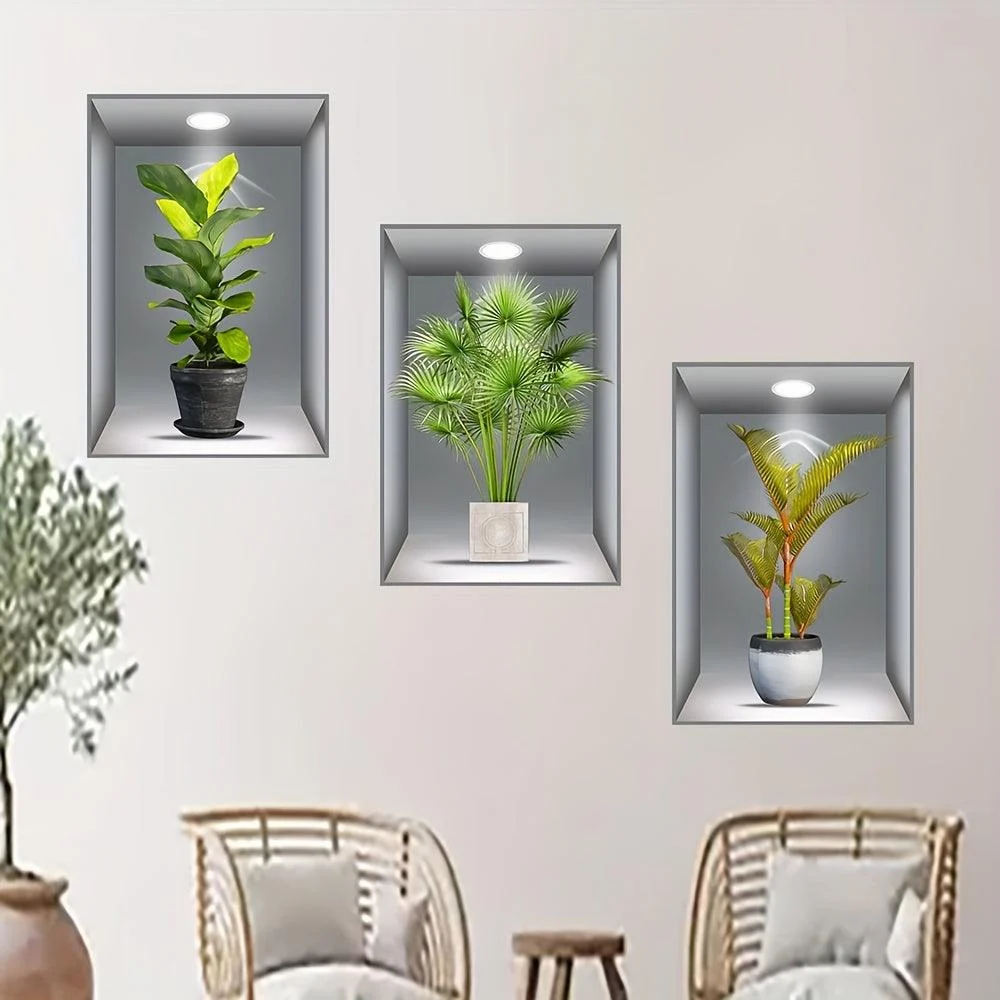 3pcs 3D Wall Sticker, Realistic Green Plants Pattern Self-Adhesive Wall Stickers -  - #tag1#