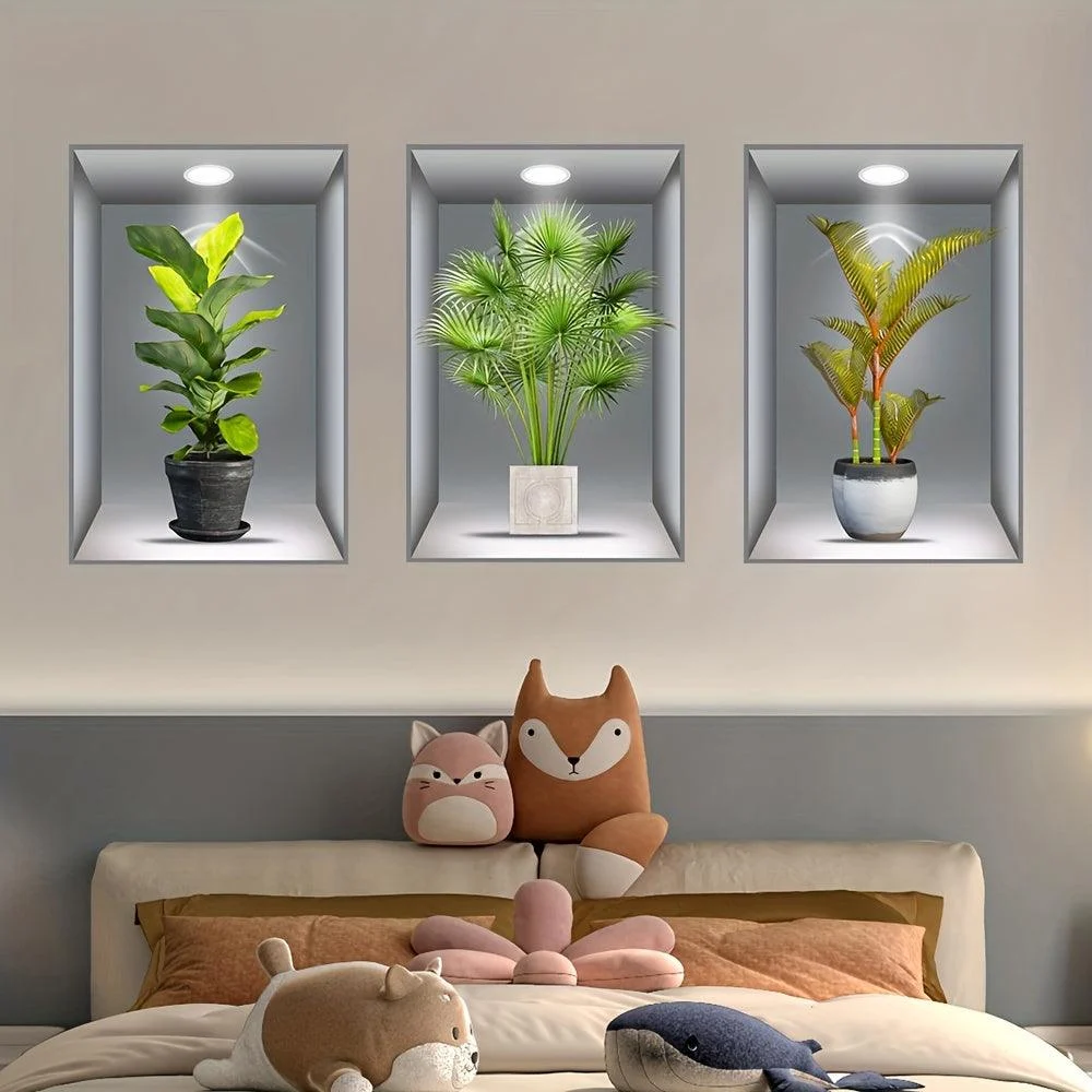 3pcs 3D Wall Sticker, Realistic Green Plants Pattern Self-Adhesive Wall Stickers -  - #tag1#