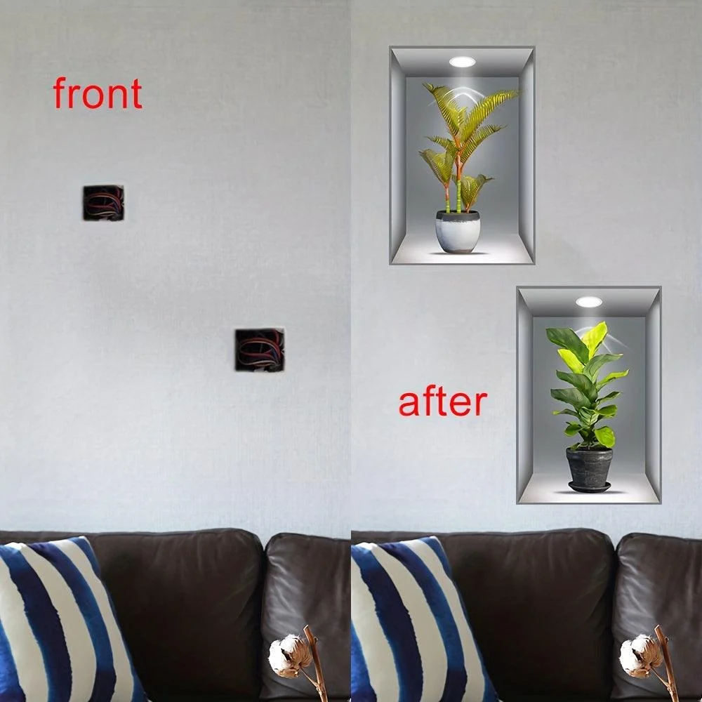 3pcs 3D Wall Sticker, Realistic Green Plants Pattern Self-Adhesive Wall Stickers -  - #tag1#