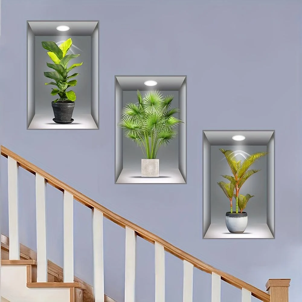 3pcs 3D Wall Sticker, Realistic Green Plants Pattern Self-Adhesive Wall Stickers -  - #tag1#