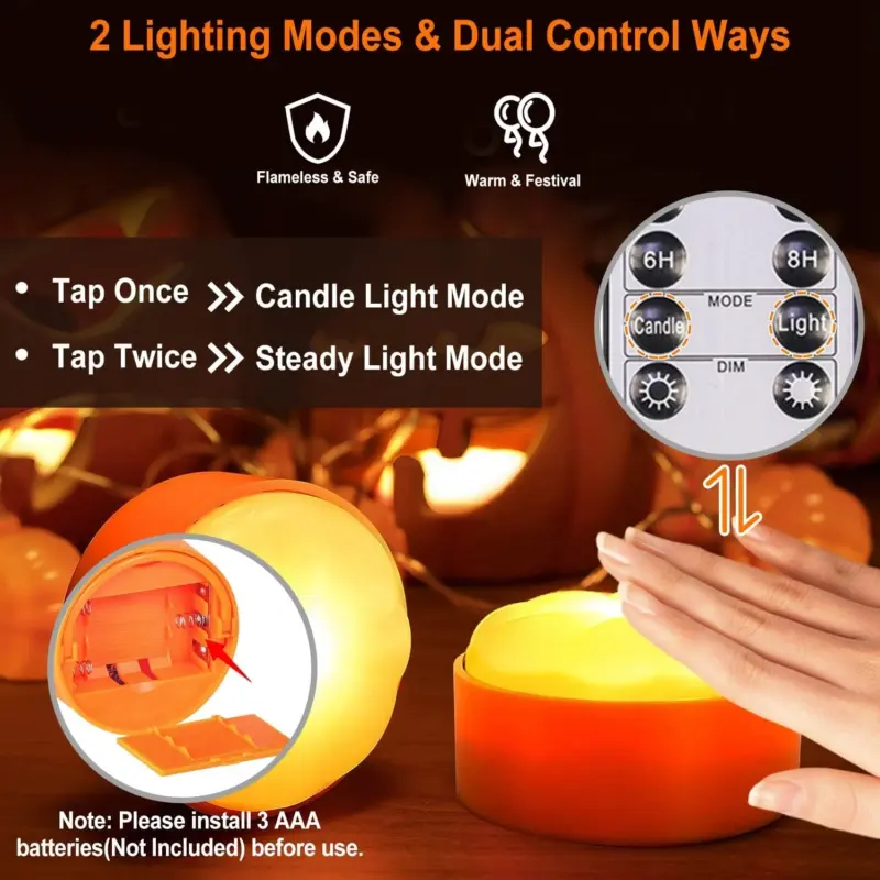 4 Pack Halloween LED Pumpkin Lights Battery Operated with 2 Light Modes 4 Timer Setting tag1