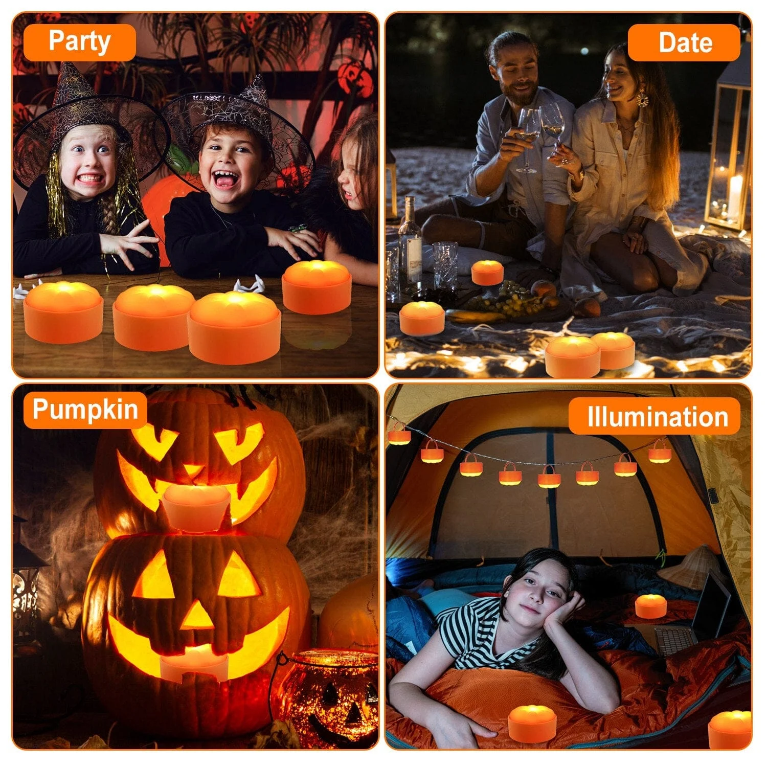 4-Pack: Halloween LED Pumpkin Lights Battery Operated with 2 Light Modes 4 Timer Setting -  - #tag1#