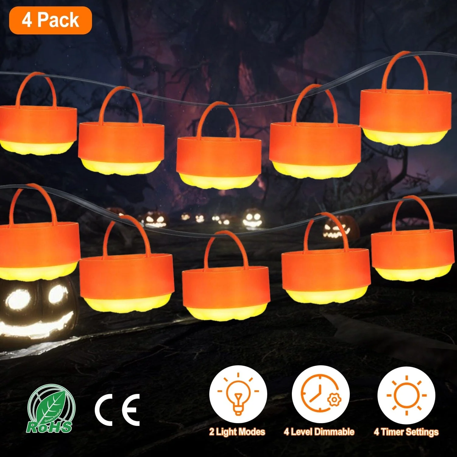 4-Pack: Halloween LED Pumpkin Lights Battery Operated with 2 Light Modes 4 Timer Setting -  - #tag1#