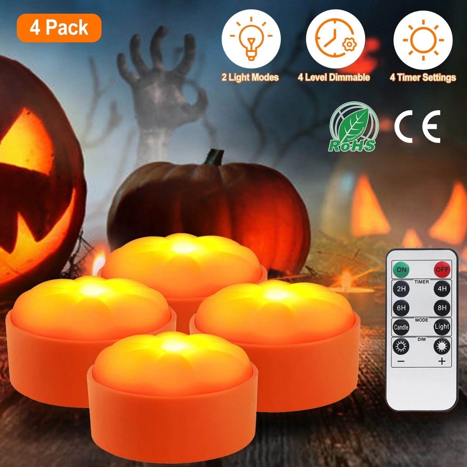 4-Pack: Halloween LED Pumpkin Lights Battery Operated with 2 Light Modes 4 Timer Setting -  - #tag1#