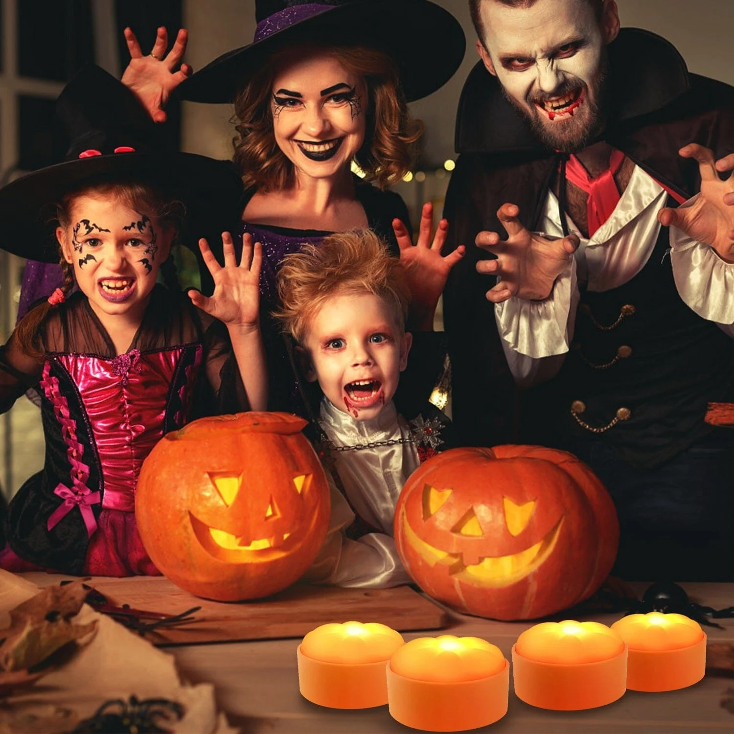 4-Pack: Halloween LED Pumpkin Lights Battery Operated with 2 Light Modes 4 Timer Setting -  - #tag1#