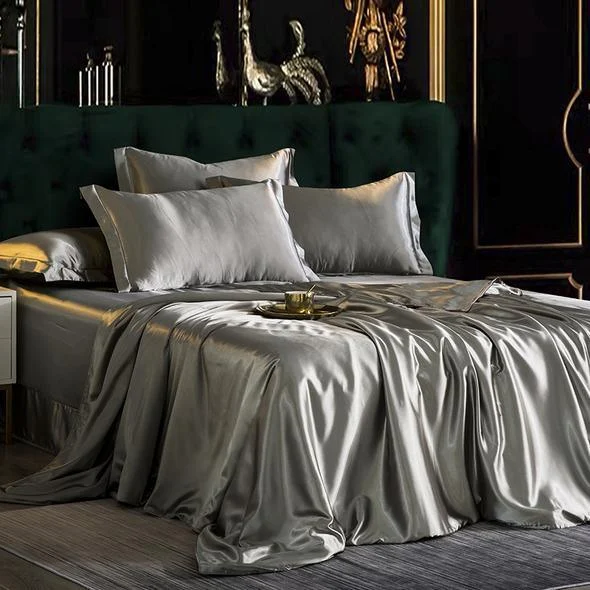 4PCS SUPER SOFT Luxury Silk Bedding Set（1 FLAT SHEET+1 QUILT COVER+ 2 PILLOWCASE) -  - #tag1#