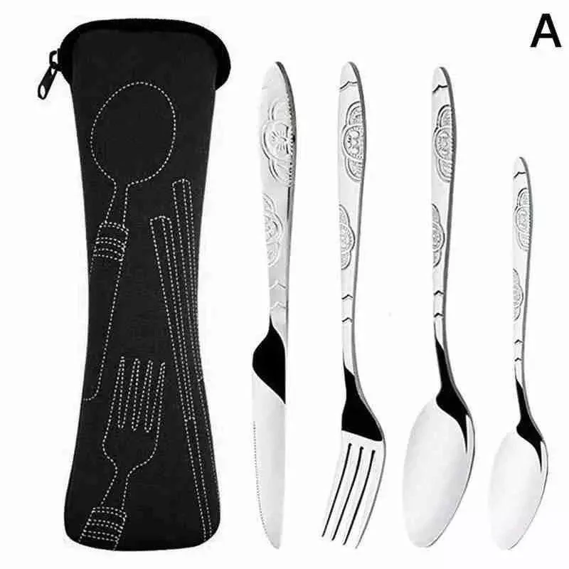 4Pcs Steel Cutlery Set with Case: Family Travel and Camping Essential -