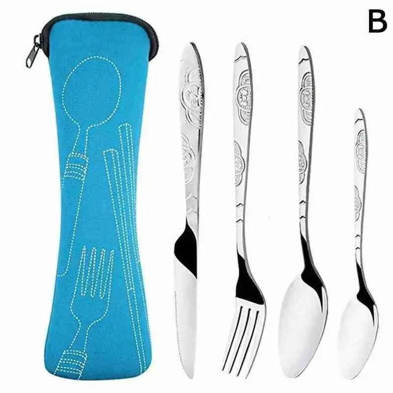 4Pcs Steel Cutlery Set with Case: Family Travel and Camping Essential -