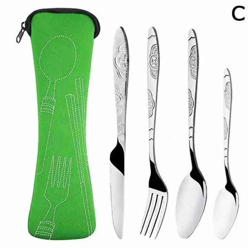4Pcs Steel Cutlery Set with Case: Family Travel and Camping Essential -