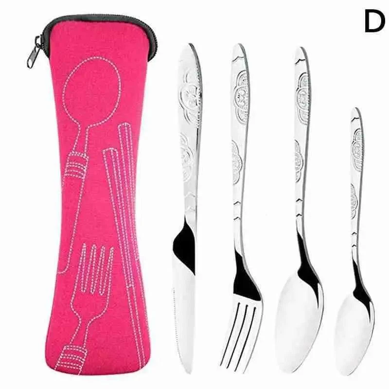 4Pcs Steel Cutlery Set with Case: Family Travel and Camping Essential -