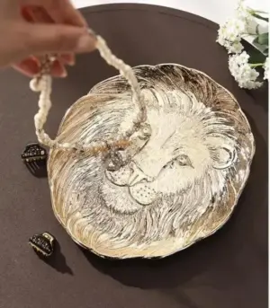 Majestic Lion Embossed Metal Jewelry Tray - Elegant Decorative Catchall Dish