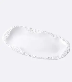 Rustic White Ceramic Serving Platter - 31cm Oval Stoneware Plate, Embossed Stone Pattern