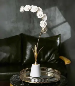 Orchid Stem in Marble Stand Sculpture Porcelain