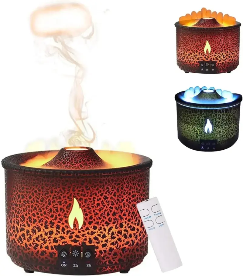 4jvqVolcano Flame Air Humidifier Light Ultrasonic Essential Oil Aroma Diffuser for Home Room Fragrance Jellyfish Mist