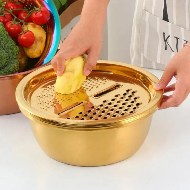 5 In 1 Kitchen Tool Stainless Steel Drain Pot Food Chopper Vegetable Cutter Peeler Hand Held