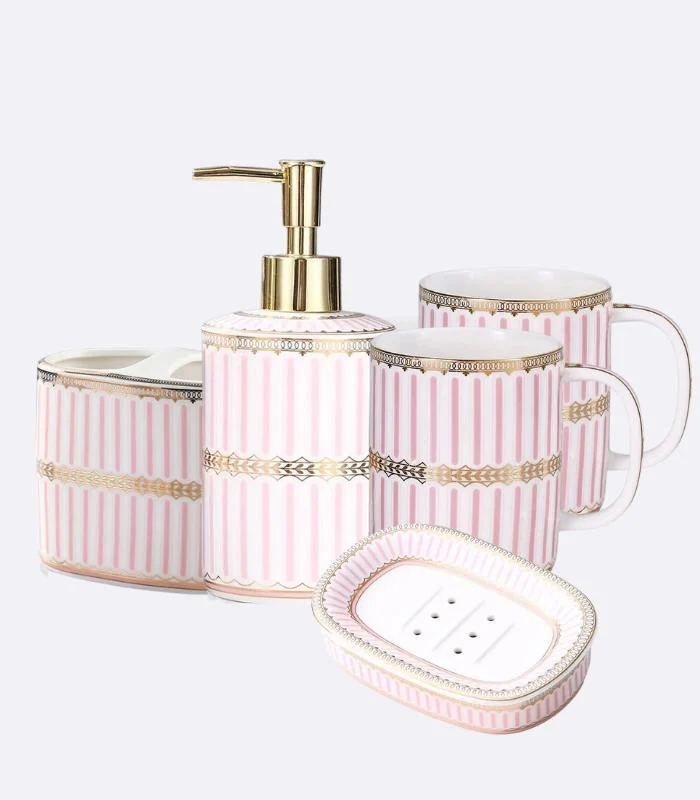 5 Pcs Set Bathroom AssesoriesCeramic Pink & White -  - #tag1#