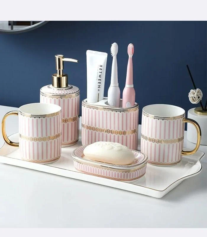 5 Pcs Set Bathroom AssesoriesCeramic Pink & White -  - #tag1#