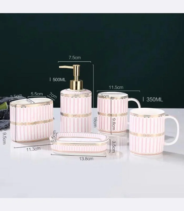 5 Pcs Set Bathroom AssesoriesCeramic Pink & White -  - #tag1#