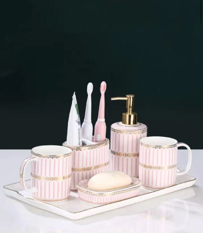5 Pcs Set Bathroom AssesoriesCeramic Pink & White -  - #tag1#