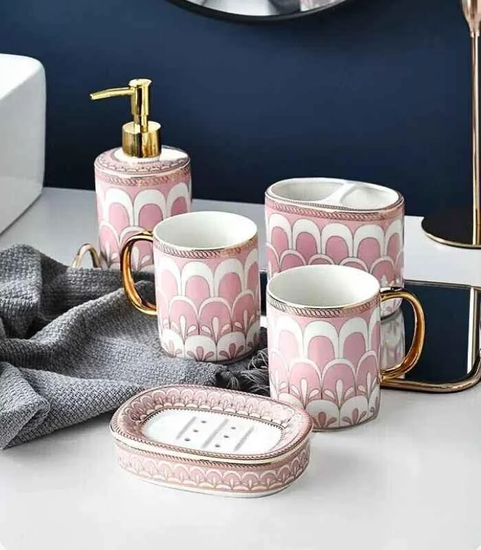 5 Pcs Set Bathroom Assesories Ceramic Pink, White & Gold -  - #tag1#